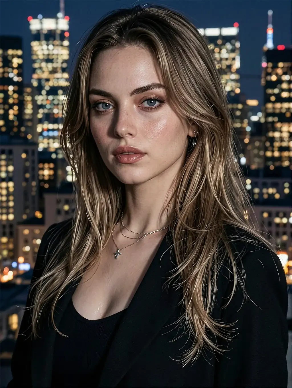 Fictional AI character featured on the second landing page, on a balcony